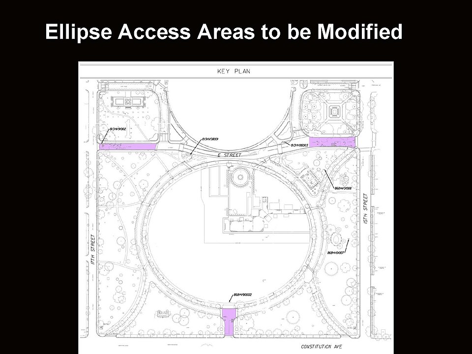 Map of White House grounds highlights intersections at 17th &amp; E, 15th &amp; E, and 16th &amp; Constitution as work zones.
Checkpoints at 17th &amp; E, 15th &amp; E, and 16th &amp; Constitution will be reconfigured as part of this project.
Keywords: ncr; whho