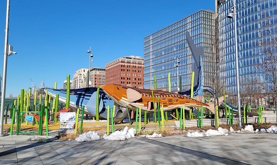 The new Pier 26 Science Playground on the river esplanade in the Tribeca section of Hudson River Park, between Pier 26 and Pier 25 at West Street and North Moore Street in Tribeca, Lower Manhattan. The playground was opened in 2024. Like Chelsea Waterside Park, this playground features large aquatic