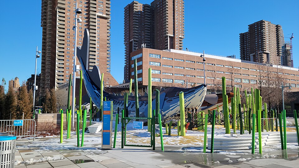 The new Pier 26 Science Playground on the river esplanade in the Tribeca section of Hudson River Park, between Pier 26 and Pier 25 at West Street and North Moore Street in Tribeca, Lower Manhattan. The playground was opened in 2024. Like Chelsea Waterside Park, this playground features large aquatic