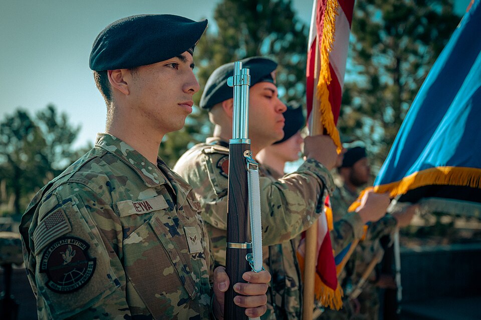 Personnel from the 460th Security Forces Squadron post the colors at the police week opening ceremony at Buckley Space Force Base, Colo., May 12, 2025. Police week was established in 1962 by President John F. Kennedy as a time to reflect on the courage and sacrifice of law enforcement personnel. (U.