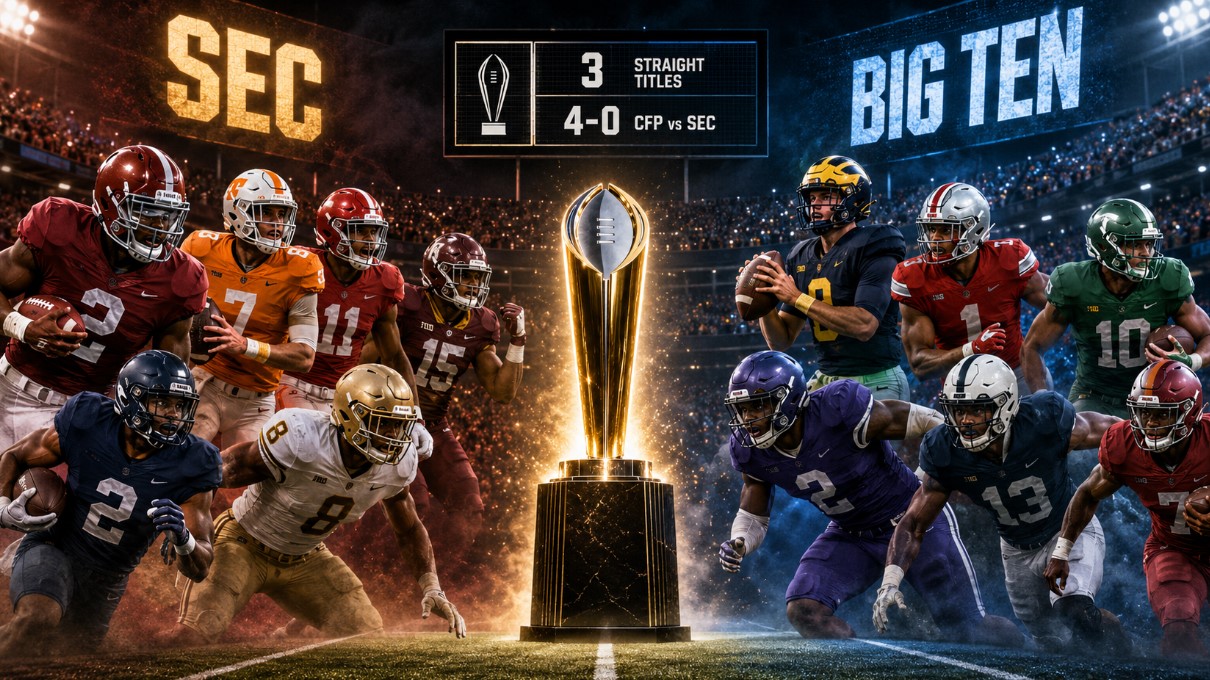 A wide editorial sports illustration showing a dramatic SEC versus Big Ten college football faceoff under stadium lights, with a trophy at midfield and a scoreboard highlighting recent playoff dominance.