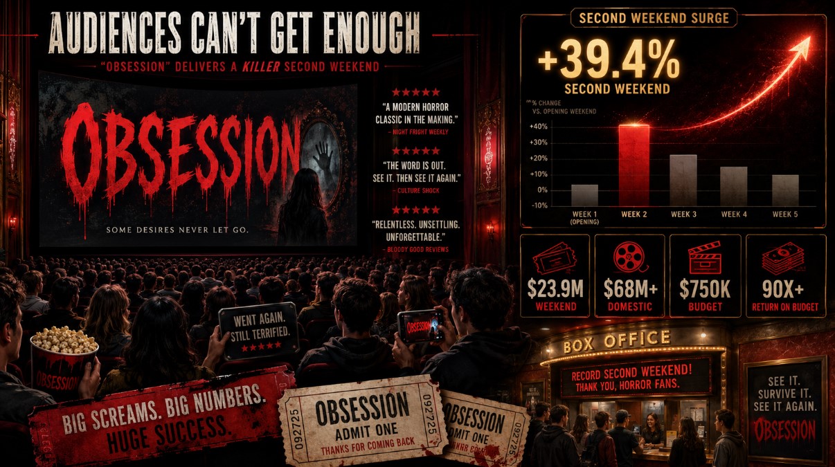A wide horror-themed box office illustration shows a packed movie theater watching Obsession while charts highlight a 39.4 percent second-weekend increase and strong ticket sales.