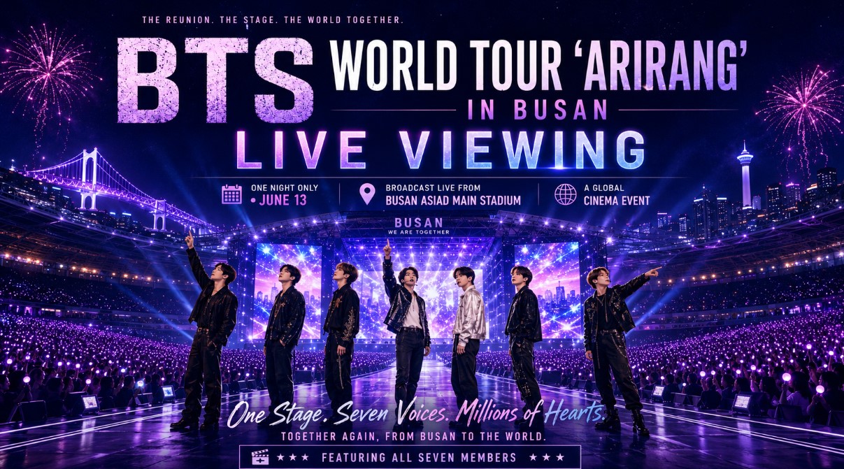 A cinematic wide-format entertainment poster for a BTS live cinema event broadcast from Busan. The image features a massive stadium concert scene with seven performers, glowing purple crowd lights