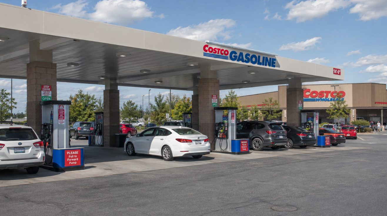 A wide photo-style image showing a Costco gas station on a bright day, with cars parked at several fuel pumps, a large canopy overhead, and a Costco Wholesale store visible in the background