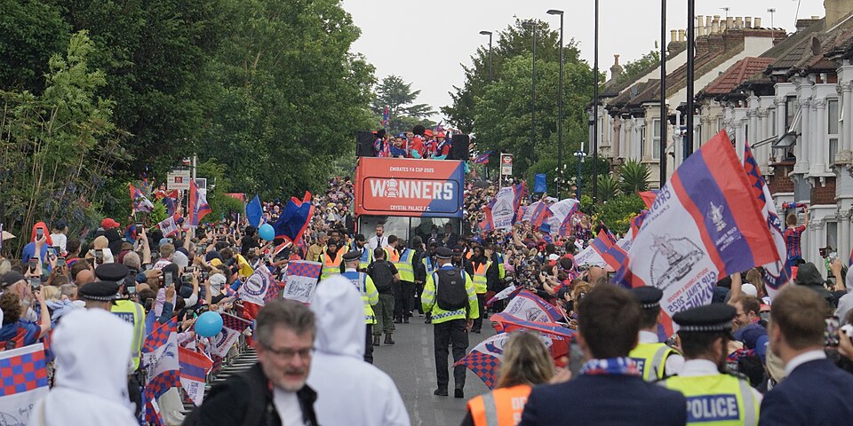 The 2025 FA Cup Final result was:
Crystal Palace 1-0 Manchester City
Founded in 1905, this was the first major trophy won by Crystal Palace. An open-top bus parade took place around the roads of South Norwood, with thousands lining the route.

The parade passing down Whitehorse Lane.