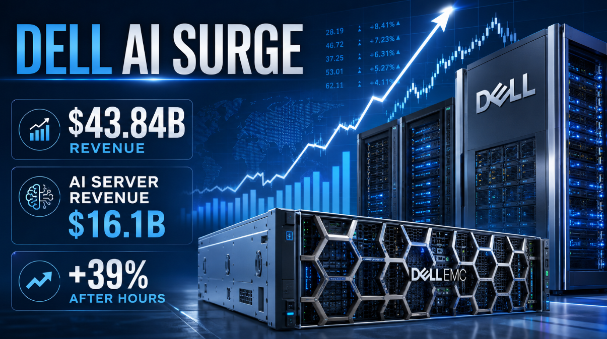 A wide financial-news style illustration showing Dell’s AI business momentum. The image features server racks, a rising market chart, and bold text callouts for quarterly revenue