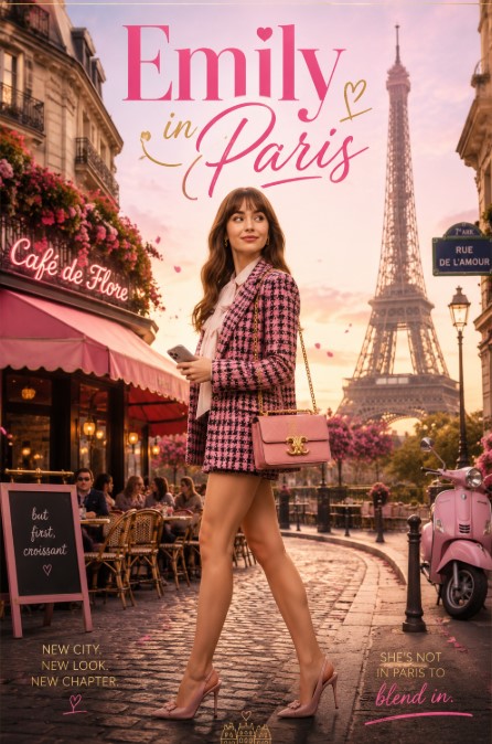 The image uses soft pink, cream, and gold tones to create a polished romantic-comedy look.