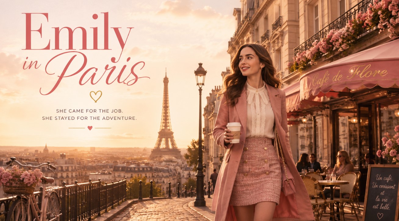 A wide entertainment-style poster image showing a fashionable young woman walking through Paris near a flower-lined café. The Eiffel Tower rises in the background as warm sunset light fills the street.