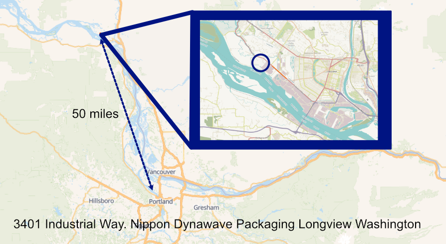 Wide locator map showing Nippon Dynawave Packaging in Longview, Washington