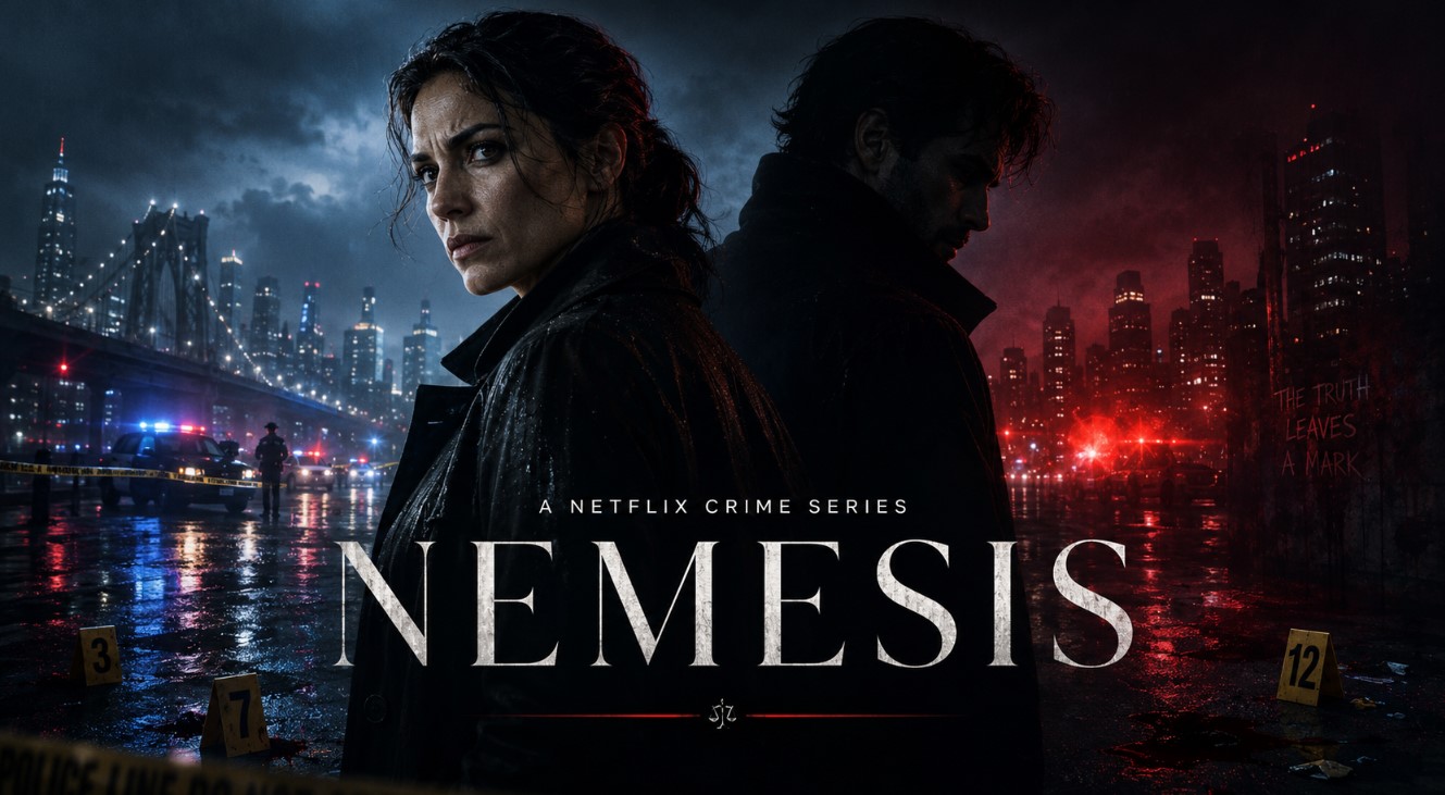 dark crime series poster for Nemesis showing two brooding figures back to back in a rain-soaked city with police lights, evidence markers, and a noir skyline.