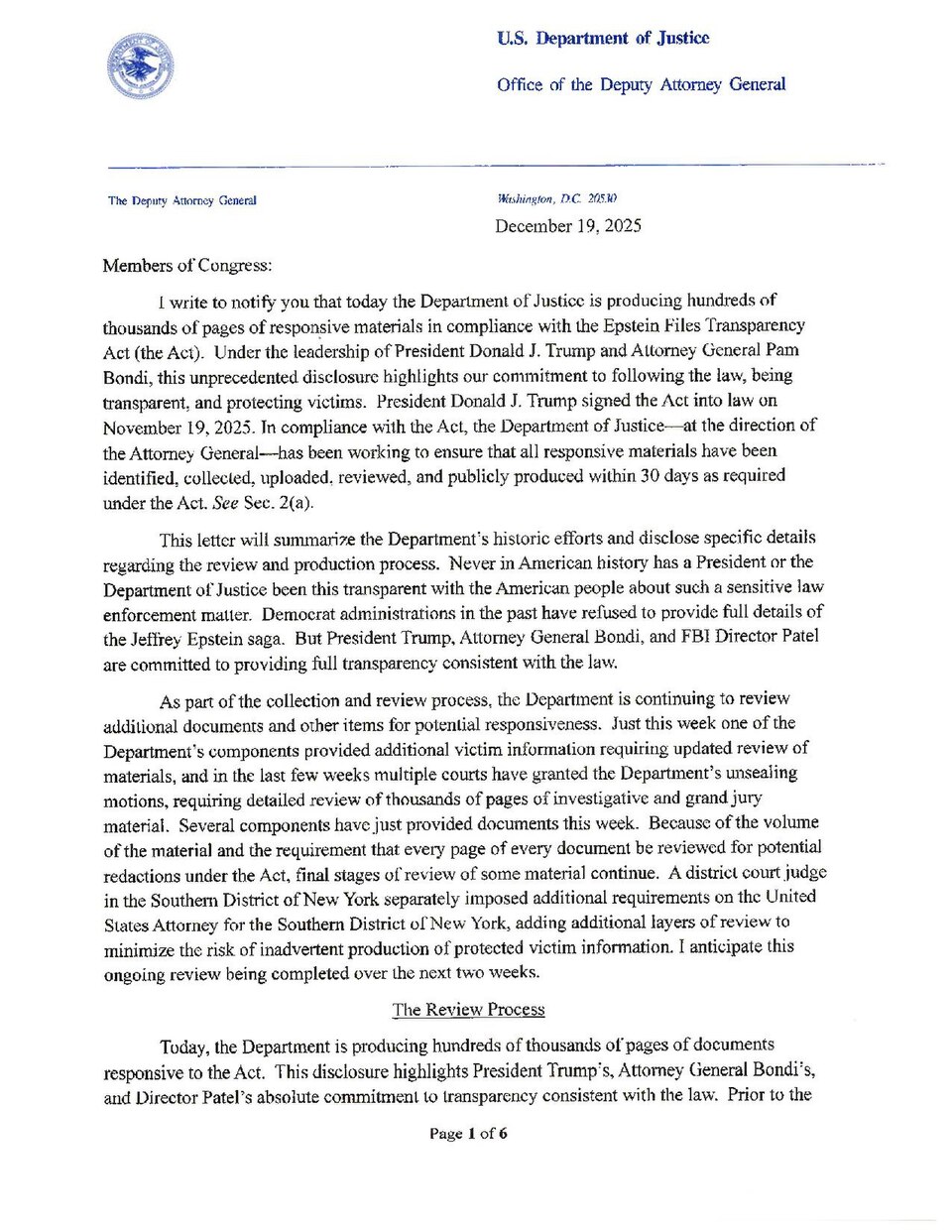 Letter from Todd Blanche to Congress regarding release of the Epstein Files