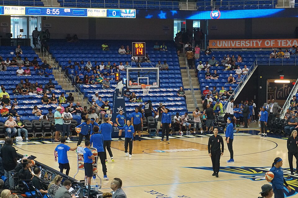 The Wings warming up before the Minnesota Lynx vs. Dallas Wings basketball game at College Park Center in Arlington, Texas (United States). Dallas won 89–86.