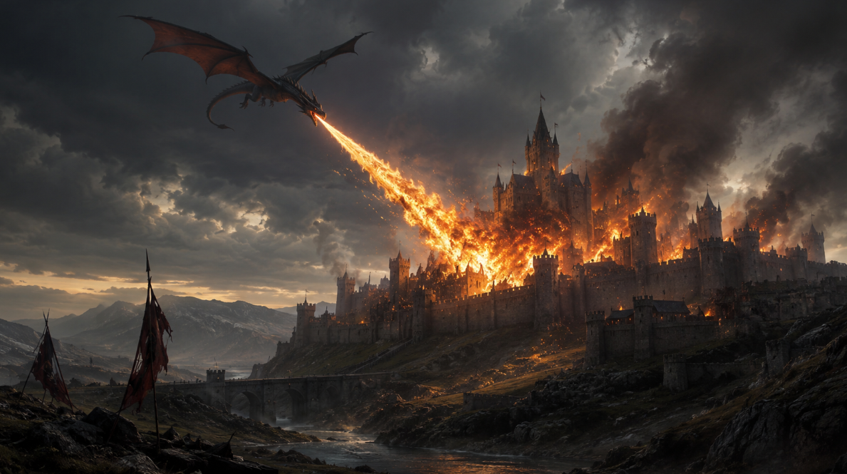 A wide cinematic fantasy illustration showing a dragon flying in the distance and breathing a stream of fire onto a large medieval castle.