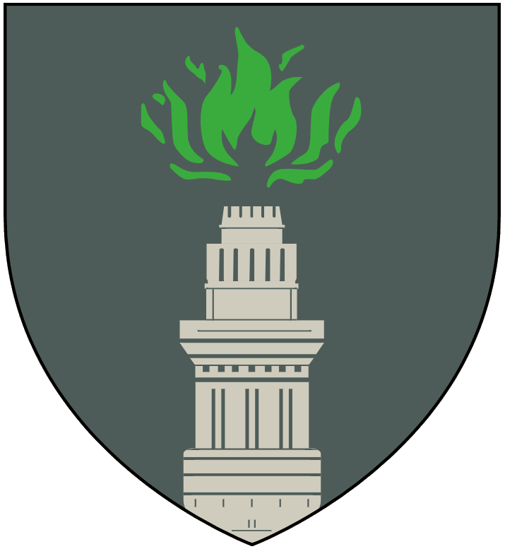 Coat of arms of House Hightower of Oldtown in HBO's TV series House of the Dragon. The coat of arms shows a white stone watchtower, with a green fire on top, on a grey field.