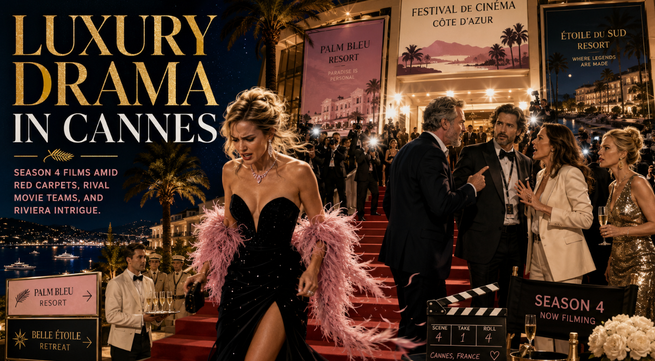 A cinematic wide-format entertainment poster showing a glamorous film festival setting on the French Riviera.