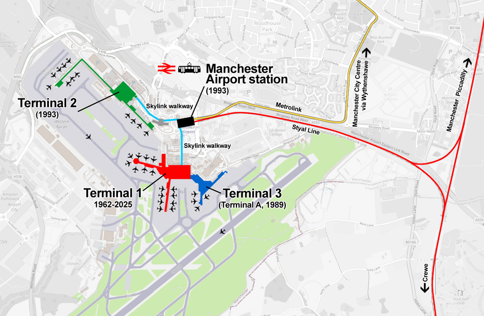Map of Manchester Airport showing the terminals 1, 2 and 3, and rail and Metrolink connections