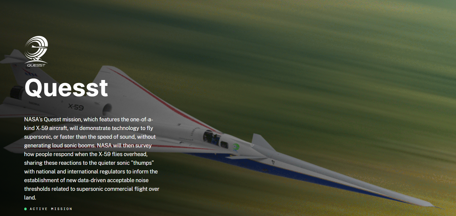 NASA NASA Quesst mission image showing the experimental X-59 aircraft flying through green-tinted air currents with mission text overlaid.Quesst X-59 Quiet Supersonic Aircraft