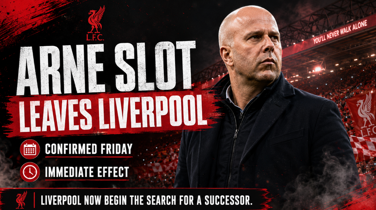 Wide sports news poster featuring Liverpool head coach Arne Slot with bold text announcing his departure from the club.