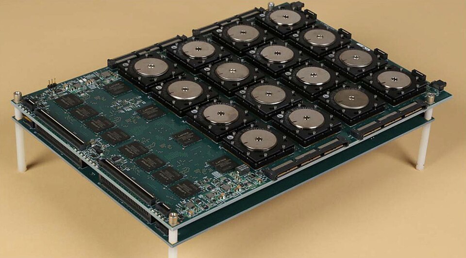 A circuit board with 16 of the new brain-inspired chips in a 4×4 array along with interface hardware. The board is being used to rapidly analyze high-resolution images.
DARPA-funded researchers have developed one of the world’s largest and most complex computer chips ever produced—one whose architec