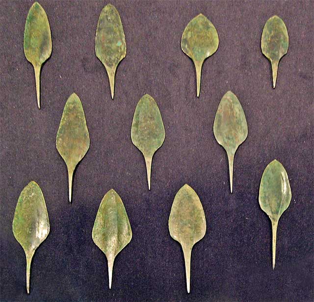 Prehistoric spear points in copper so-called «Palmela points». Part of a funerary equipment from a Bellbeaker culture burial in San Román de Hornija (Valladolid, Spain) in the Archaeological Museum of Valladolid, dated in 1800 BCE