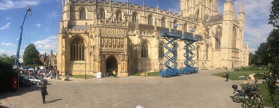 The BBC television crews at Gloucester Cathedral in May 2019, during filming of the Series 12 episode “Fugitive of the Judoon”.