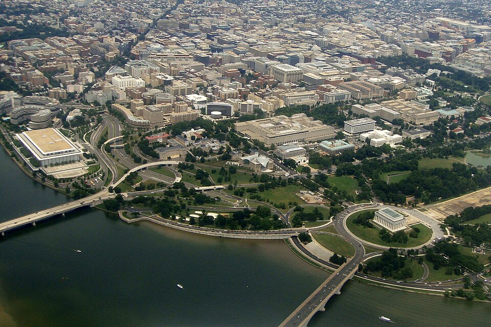 Aerial view of Kennedy Center and Lincoln Memorial, Washington D.C.