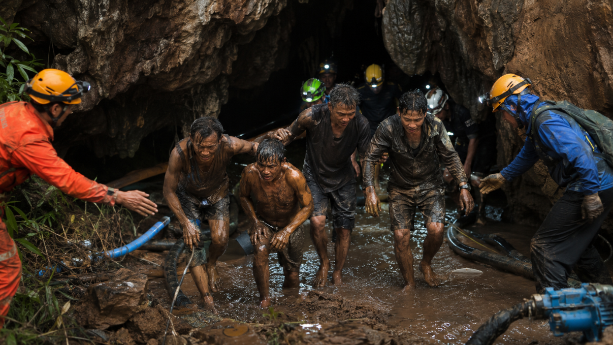 Mud-covered miners emerge from a flooded cave in Laos as rescue workers and divers assist them at the cave entrance.