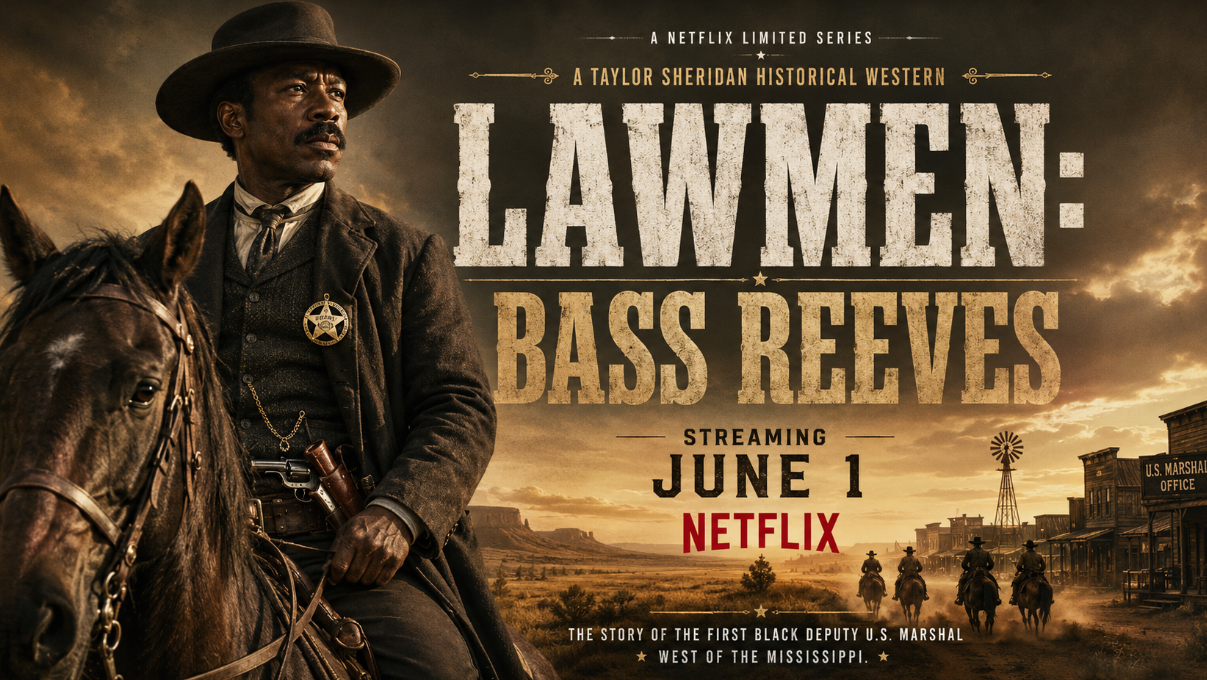 A wide-format promotional-style poster inspired by Lawmen: Bass Reeves, showing the legendary lawman on horseback against