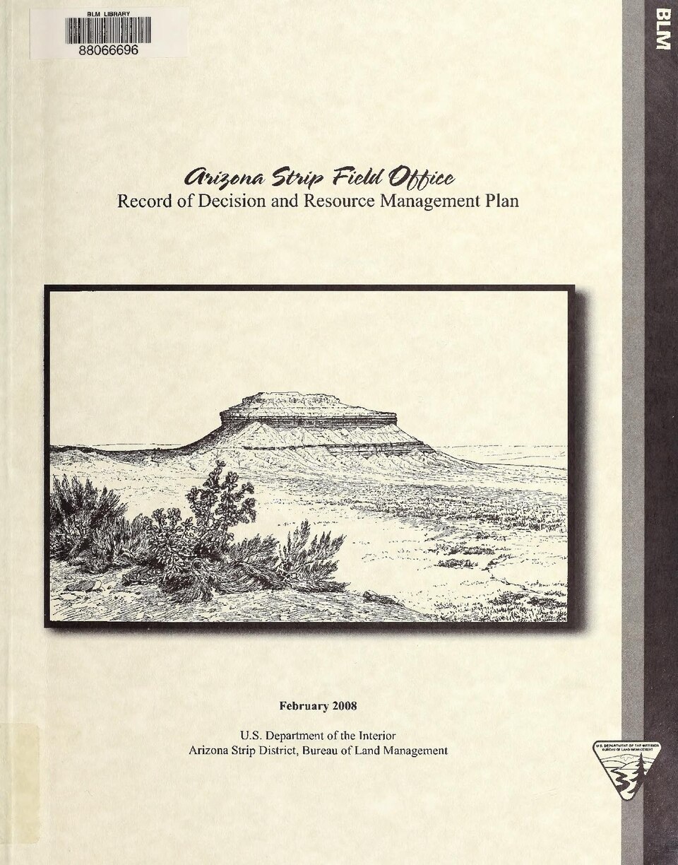 CD-ROM title (taken from disc label): Arizona Strip Field Office: Resource management plan and route designations for the Ferry Swale area. February 2008. Bureau of Land Management
"February 2008."
Includes bibliographical references
Chapter 1. Introduction -- Purpose and need -- Planning area and m