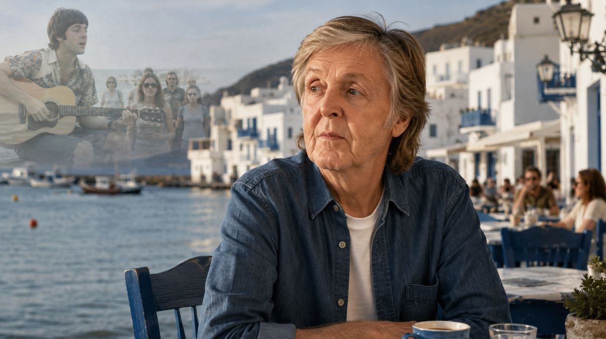 A news-style feature image showing Paul McCartney seated at a waterfront café in a Greek island setting, looking contemplative.
