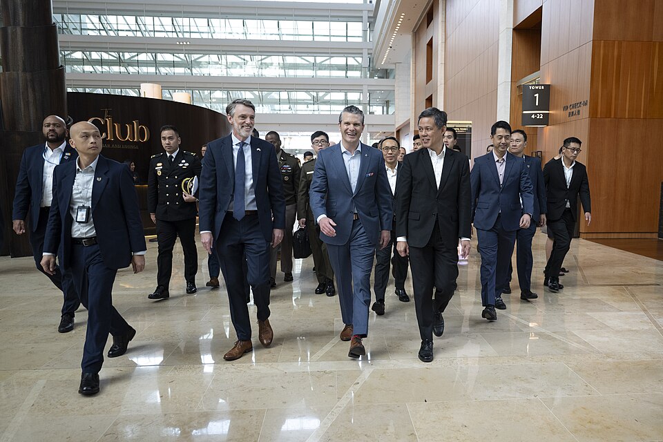 Secretary of Defense Pete Hegseth and Thai Deputy Prime Minister and Minister of Defense Phumtham Wechayachai participate in a bilateral exchange at the Shangri-La Hotel, Singapore, May 30, 2025. (DoD photo by U.S. Navy Petty Officer 1st Class Alexander Kubitza)