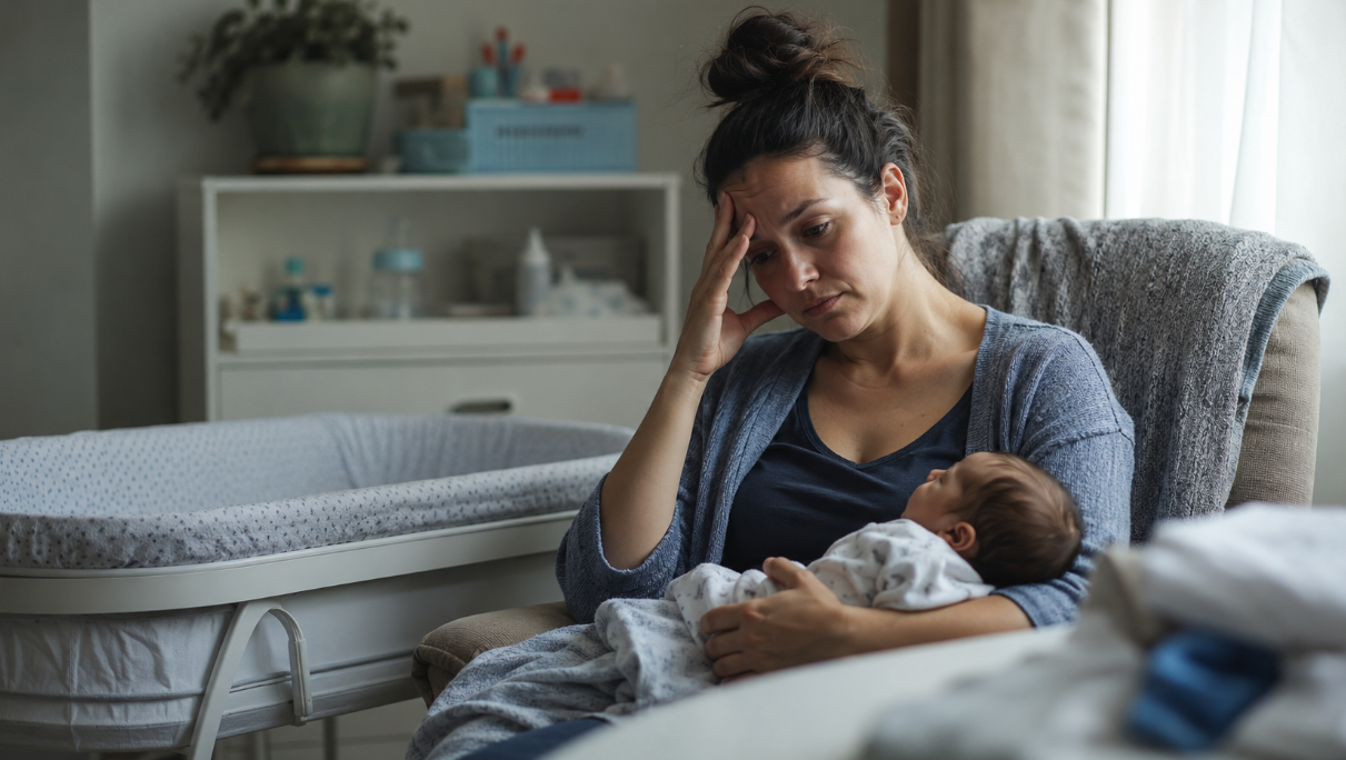 A soft, realistic health-related image showing a new mother seated in a nursery while holding her baby and appearing emotionally overwhelmed.