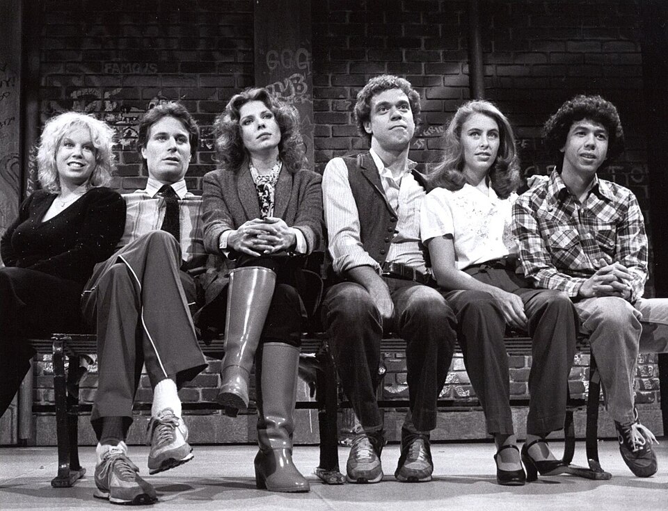 NEW SEASON, NEW FACES—The six new members of NBC-TV’s Saturday Night Live repertory company take a break before going into rehearsal for the first show of the series’ sixth
season, Saturday, Nov. 15 (11:30 p.m.–1 a.m. NYT). The new cast members are (left to right) Denny Dillon, Charles Rocket, Ann R