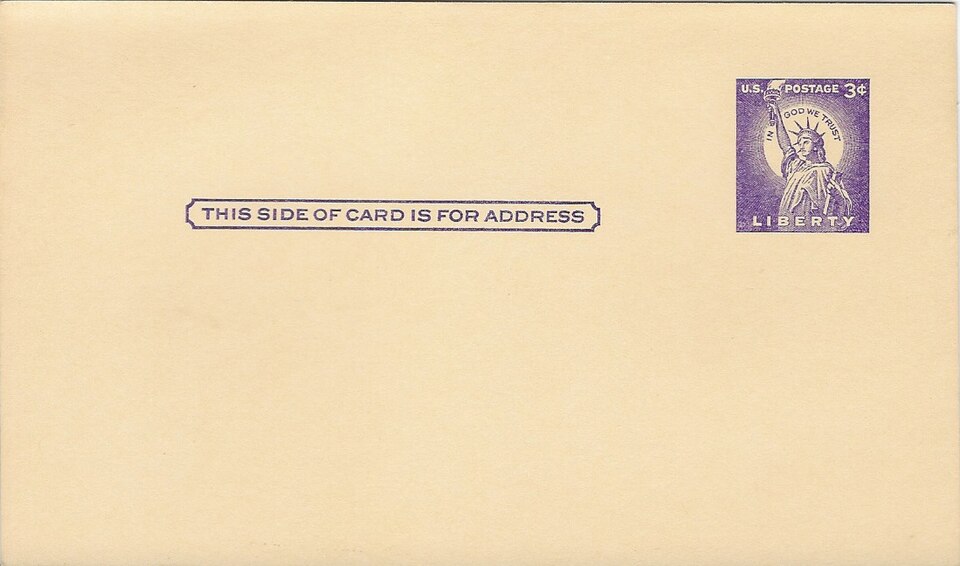 United States 3c Liberty postal card stamp c. 1954. United States Postal Service, USA.
