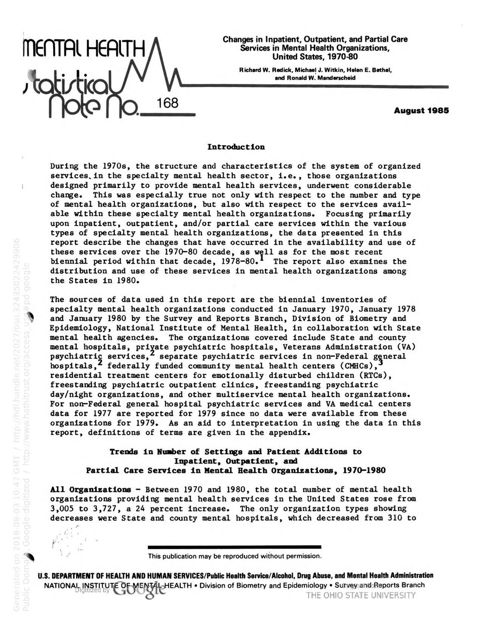 Changes in Inpatient, Outpatient, and Partial Care Services in Mental Health Organizations, United States, 1970-80