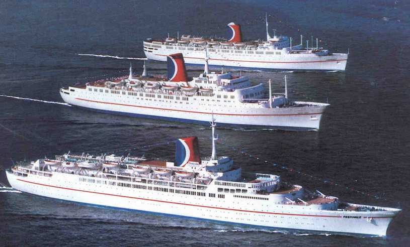 Carnival Cruise Line Fleet in 1970s. From top to bottom: Carnivale, Mardi Gras, Festivale.