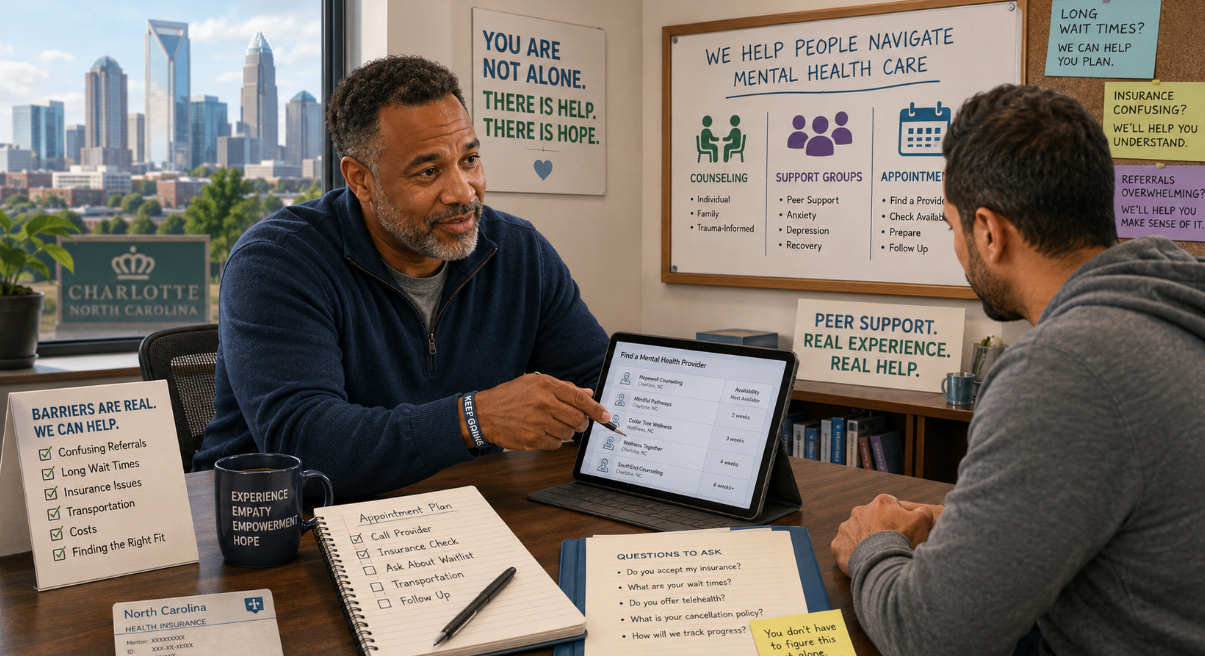 An illustration of a Charlotte man using his own experience with the mental health system to help others find providers, understand insurance, and access care.