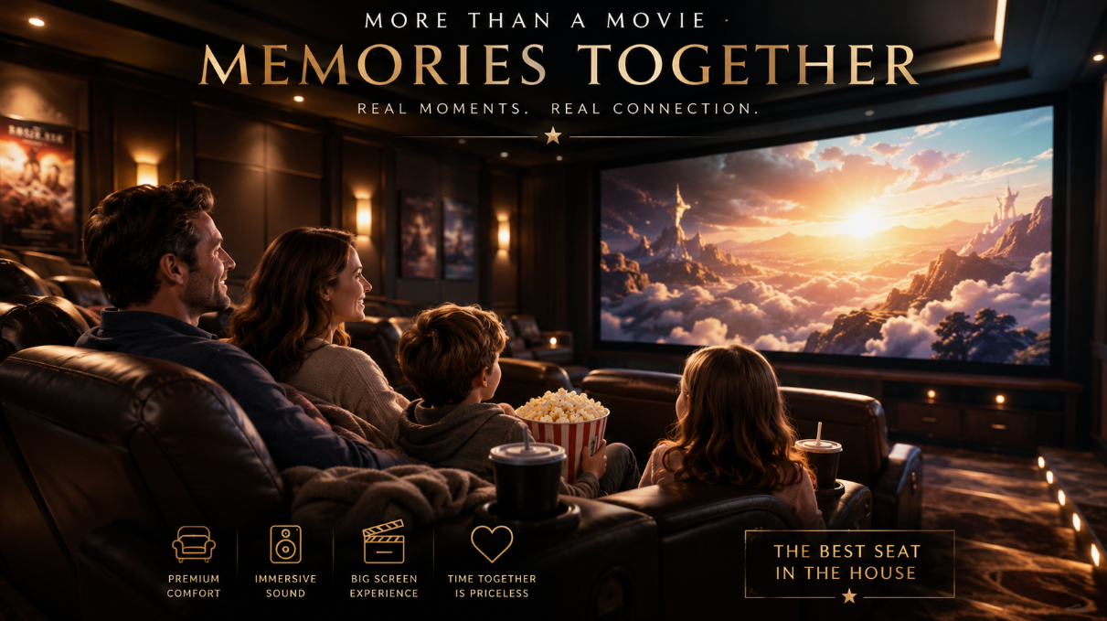 A cinematic poster-style image of a family watching movies together in a premium home theater. The scene includes comfortable recliner seating, popcorn, soft theater lighting