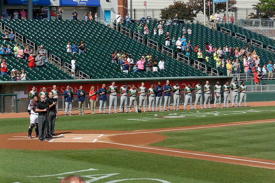 Fort Wayne @ Lansing 05172017. Members of the Fort Wayne TinCaps stand for the pre-game national anthem.