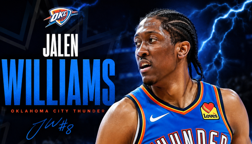 A bold basketball poster image of Jalen Williams in an Oklahoma City Thunder uniform, set against a dark arena-style background with electric blue lightning effects.