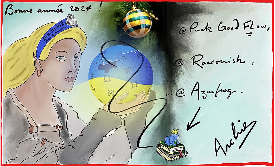 Personnalized 2024 wikipedian new year greetings. Drawing based on an old magazine cover[2].