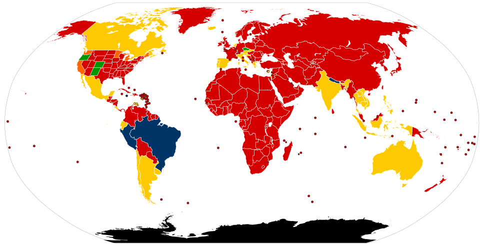 Legality of psilocybin mushrooms by country:
  Legal
  Legal for medical use and decriminalized
  Ambiguous, partially legal or decriminalized
  Illegal state with decriminalized cities
  Illegal
  No information