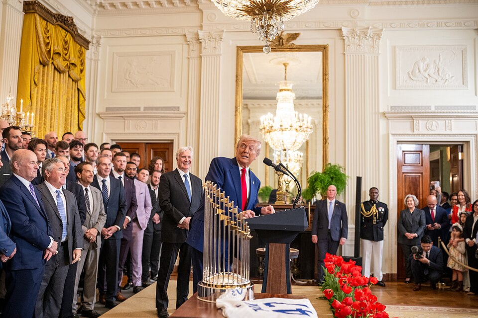 President Donald Trump delivers remarks at an event celebrating the 2024 World Series Champion Los Angeles Dodgers, Monday, April 7, 2025, in the East Room of the White House. (Official White House Photo by Daniel Torok)