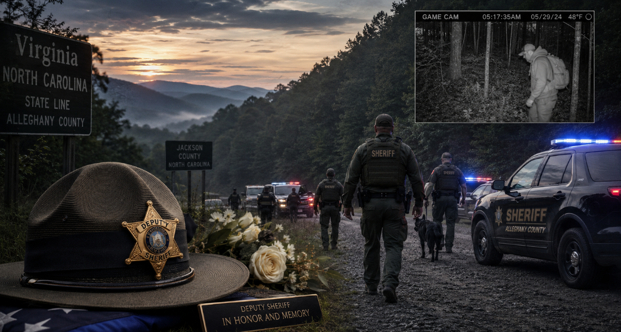 Editorial illustration showing a law enforcement search near the Virginia–North Carolina border, patrol vehicles, deputies, a memorial tribute to a fallen deputy, and a game camera inset tied to the suspect’s capture.