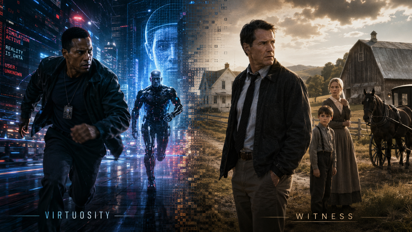 This editorial image contrasts two Hollywood thrillers arriving on Paramount+. One side evokes the cyberpunk atmosphere of Virtuosity, with artificial intelligence, virtual reality, and a futuristic chase. The other side reflects the rural suspense of Witness, with a detective figure