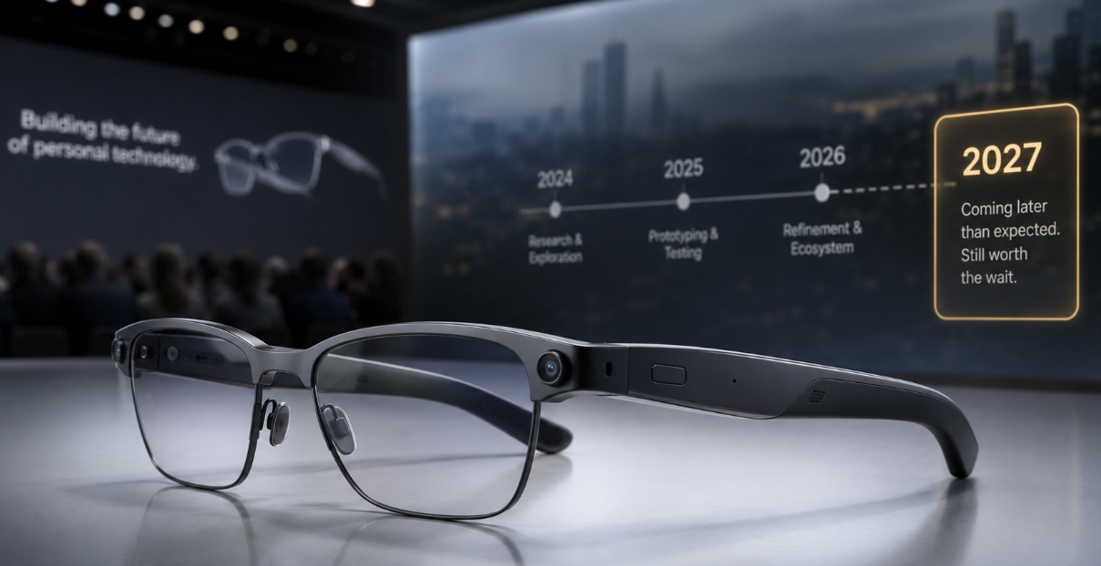 A wide technology-themed image shows sleek smart glasses in the foreground with a blurred presentation screen behind them