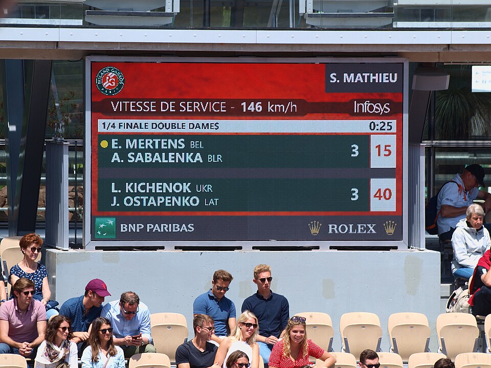 Internationaux de France de Tennis 2019, au stade Roland Garros de Paris (France), sur le nouveau court Simonne-Mathieu : Double dames entre E. Mertens &amp; A. Sabalenka d'une part et L. Kichenok &amp; J. Ostapenko d'autre part, le jeudi 6 juin 2019