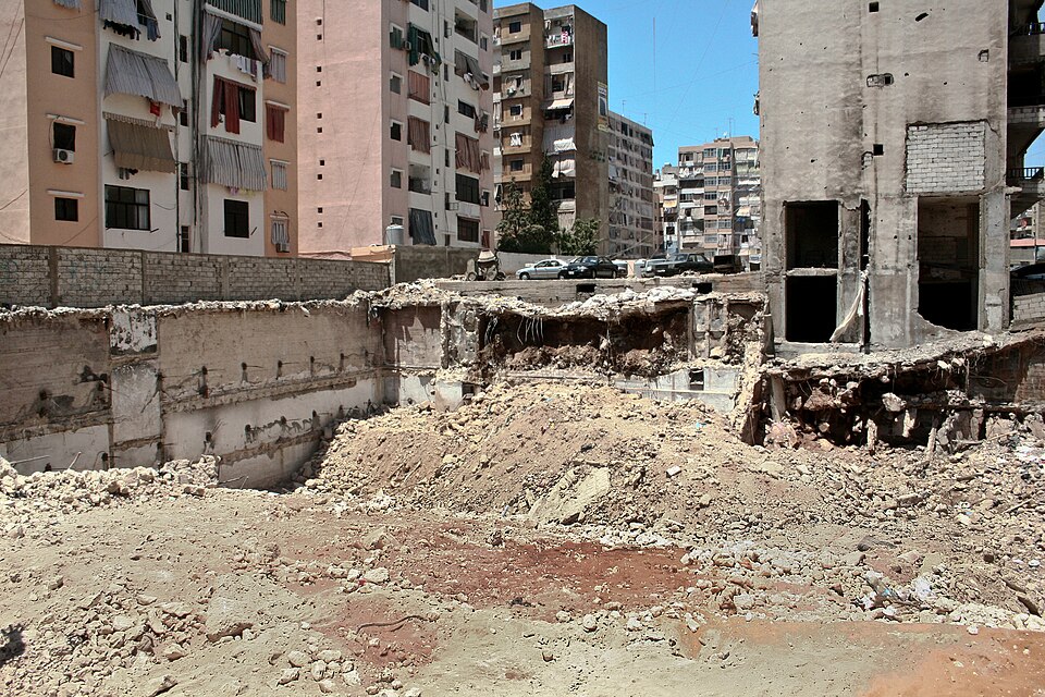Crater from destroyed buildings in Beirut suburb Dahieh Al Janubiya two years after the Second Lebanon War of 2006.