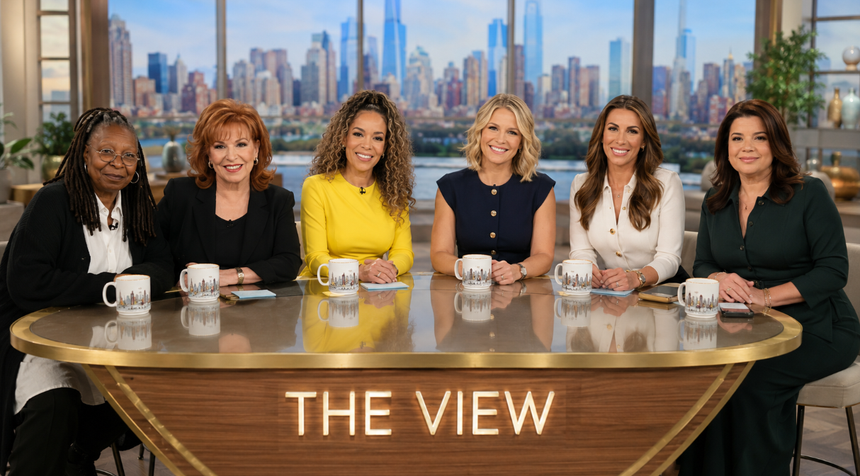 A studio-style image showing the current hosts of The View seated together behind the show’s signature table.
