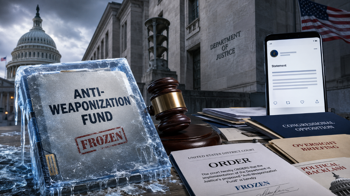 A dramatic editorial image showing the proposed DOJ Anti-Weaponization Fund frozen in ice beside a judge’s gavel and court order documents.